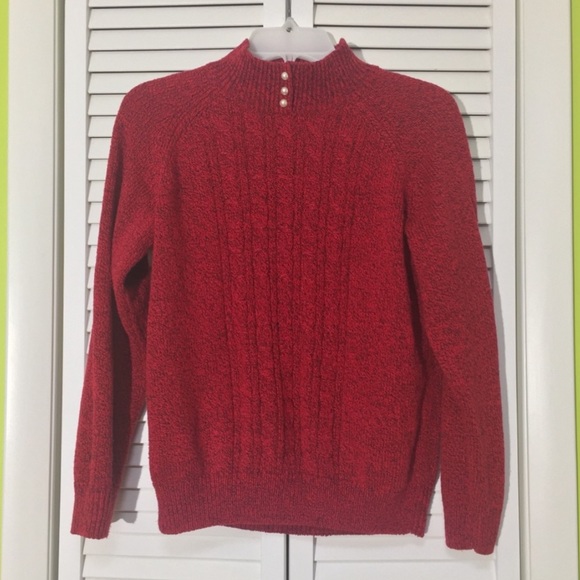 Karen Scott red knit mock neck pullover chunky knit sweater pearl detail - Picture 2 of 5